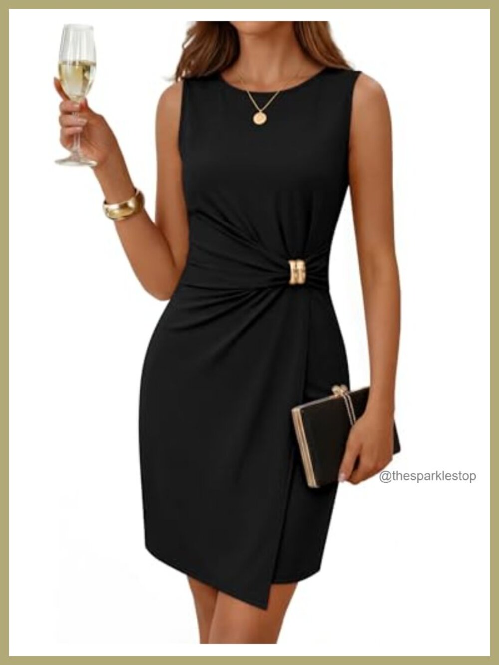 Sleeveless Bodycon Mini Dress Crew Neck Gold Detail Formal Cocktail Party - Picture 1 of 6